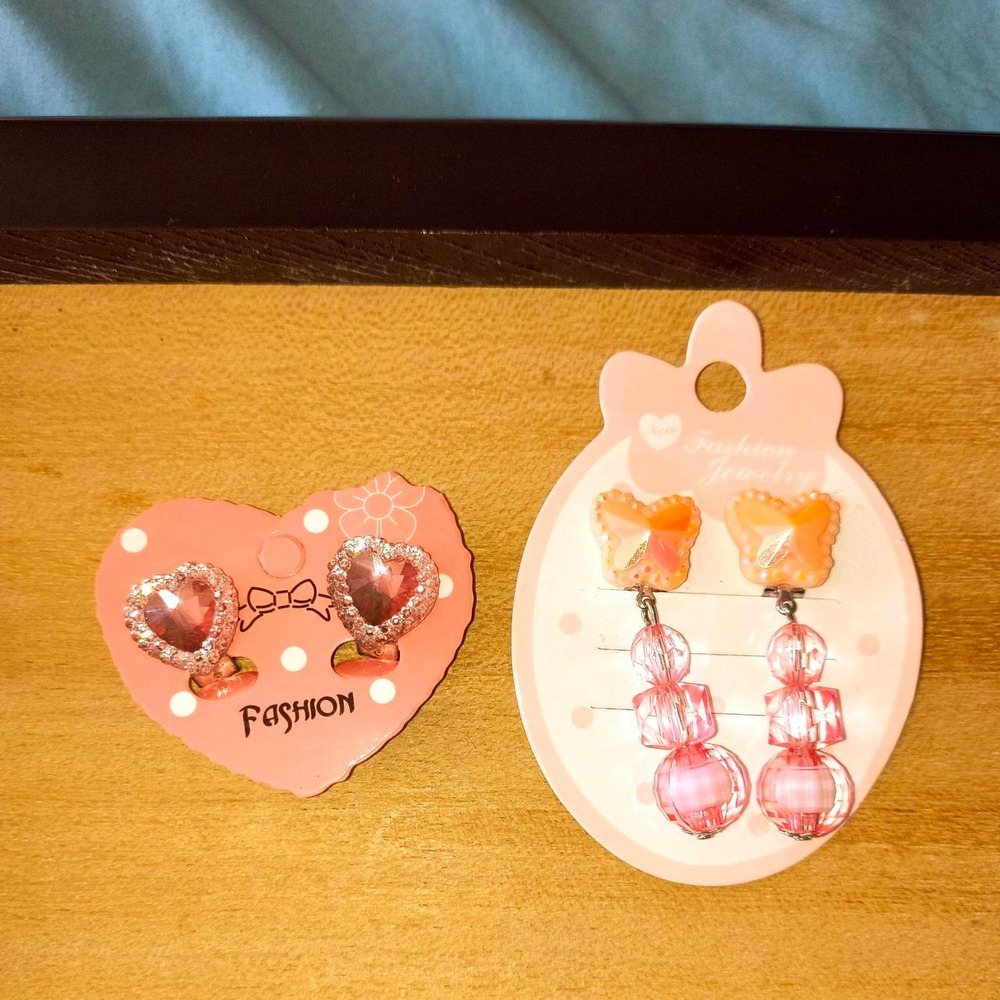 Pink Heart Rhinestone and Butterfly Beaded Clip On Earrings Set Kawaii 2 Pairs